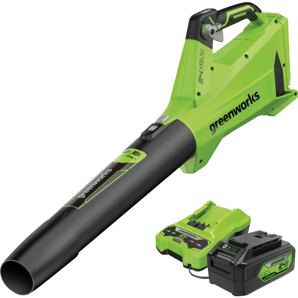 Clean Greenworks 24V 450 CFM 110 MPH Cordless Brushless Handheld Leaf Blower with 4.0 Ah Battery Charger
