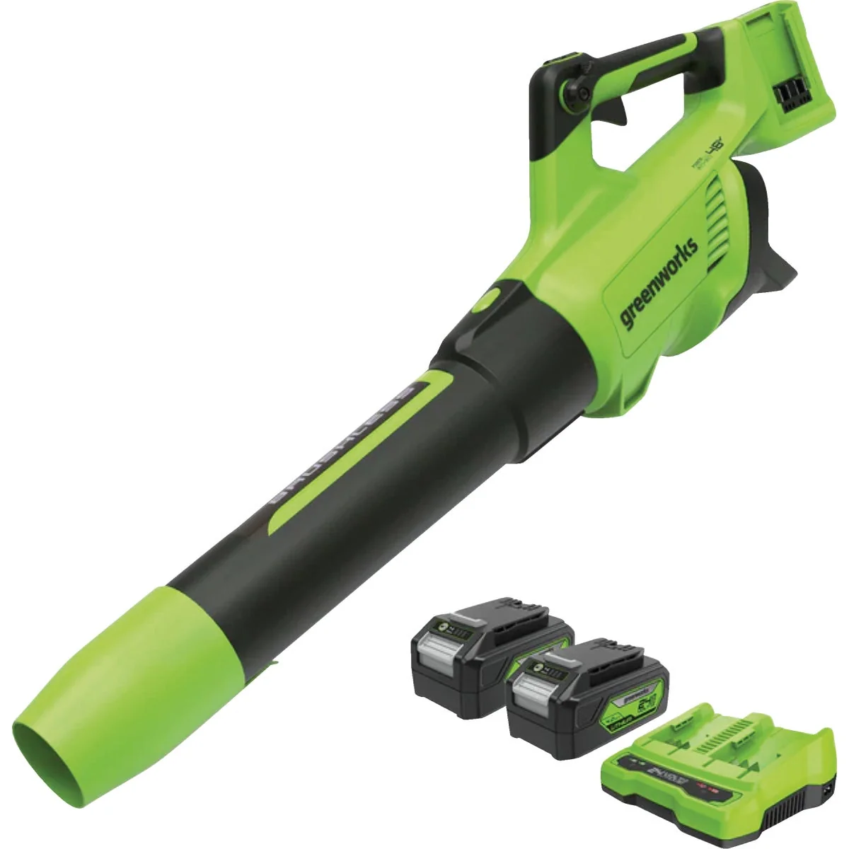 Convenient Greenworks 48V 2 x 24V 585 CFM 140 MPH 2x24V Brushless Leaf Blower with 2 4.0 Ah Batteries and Dual-Port Charger Eco-Friendly