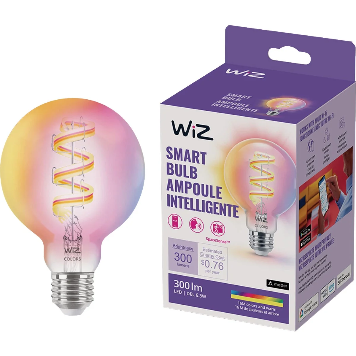 Authentic Wiz 25W Equivalent Color Filament G25 Medium LED Smart Light Bulb Practical