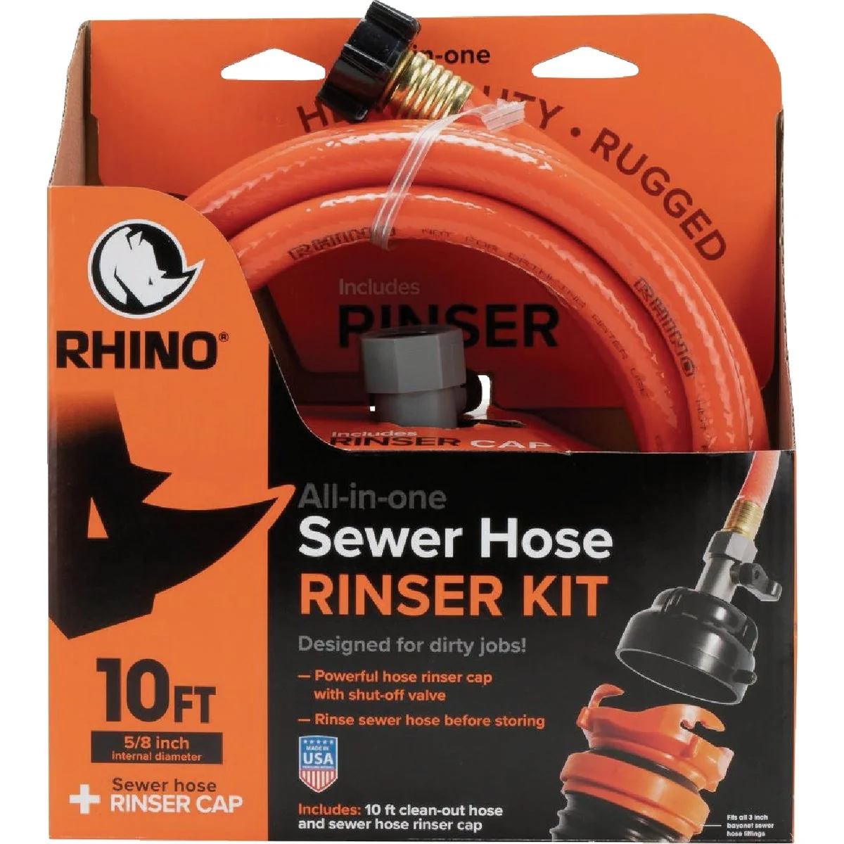 Practical Rhino 5 8 In. Dia. 10 Ft. All-in-One Sewer Clean Out Hose with Rinse Cap Certified