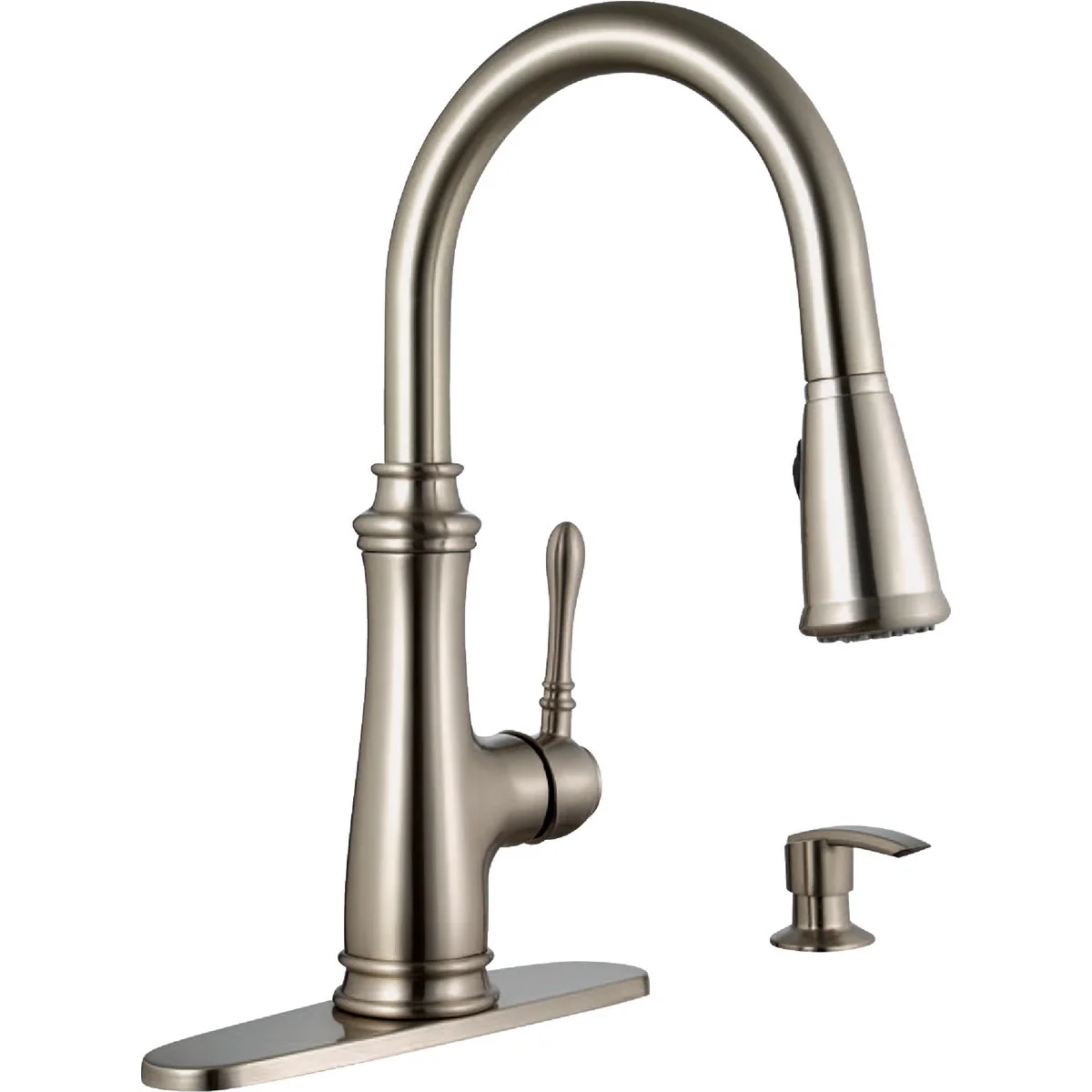 Easy-to-Use Compass Manufacturing 5165BN-SD Brookfield Brushed Nickel Single Handle Hi Rise Kitchen Faucet With Soap Dispenser Expertly Made