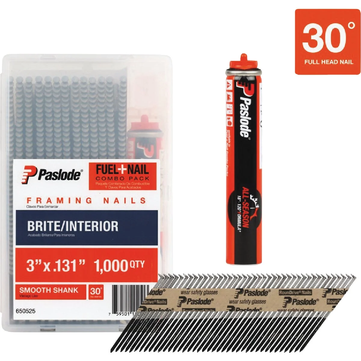 Prestigious Paslode 3 In. x 0.131 In. 30 Degree Paper Tape Brite Smooth Shank RounDrive Framing Nails with Framing Fuel 1000 Ct. Smart