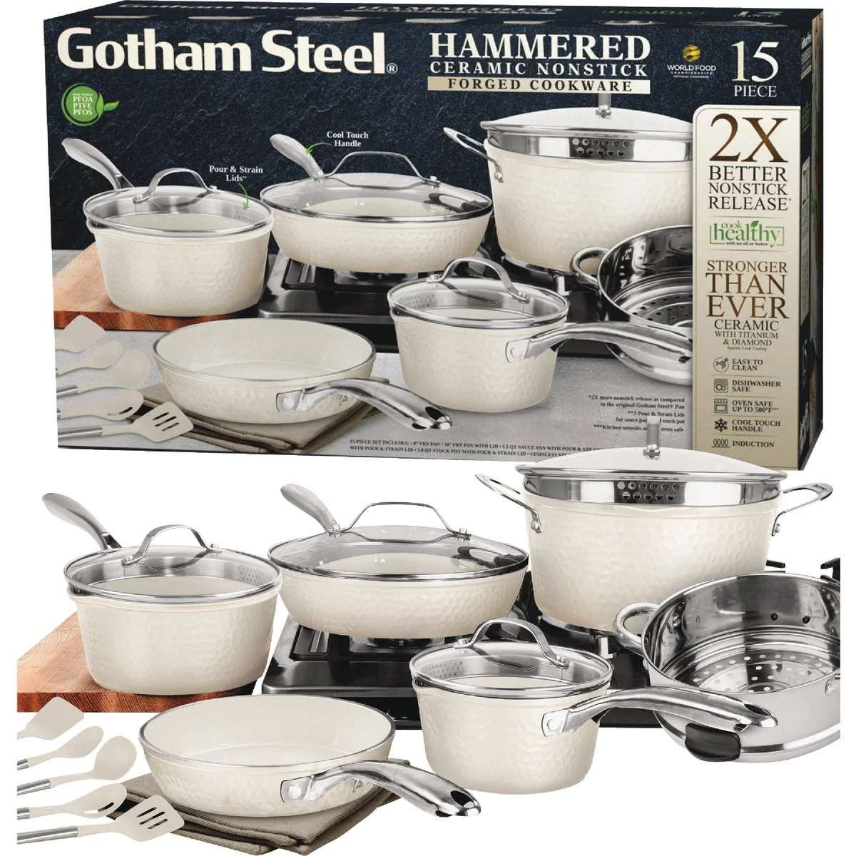 Consistent Gotham Steel Hammered Cream Cookware Collection 15-Piece Smart