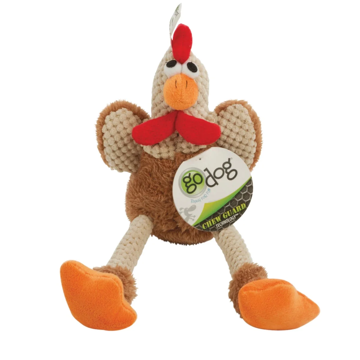 Sustainable goDog Checkers Small Brown Skinny Rooster Squeaky Plush Dog Toy Excellent