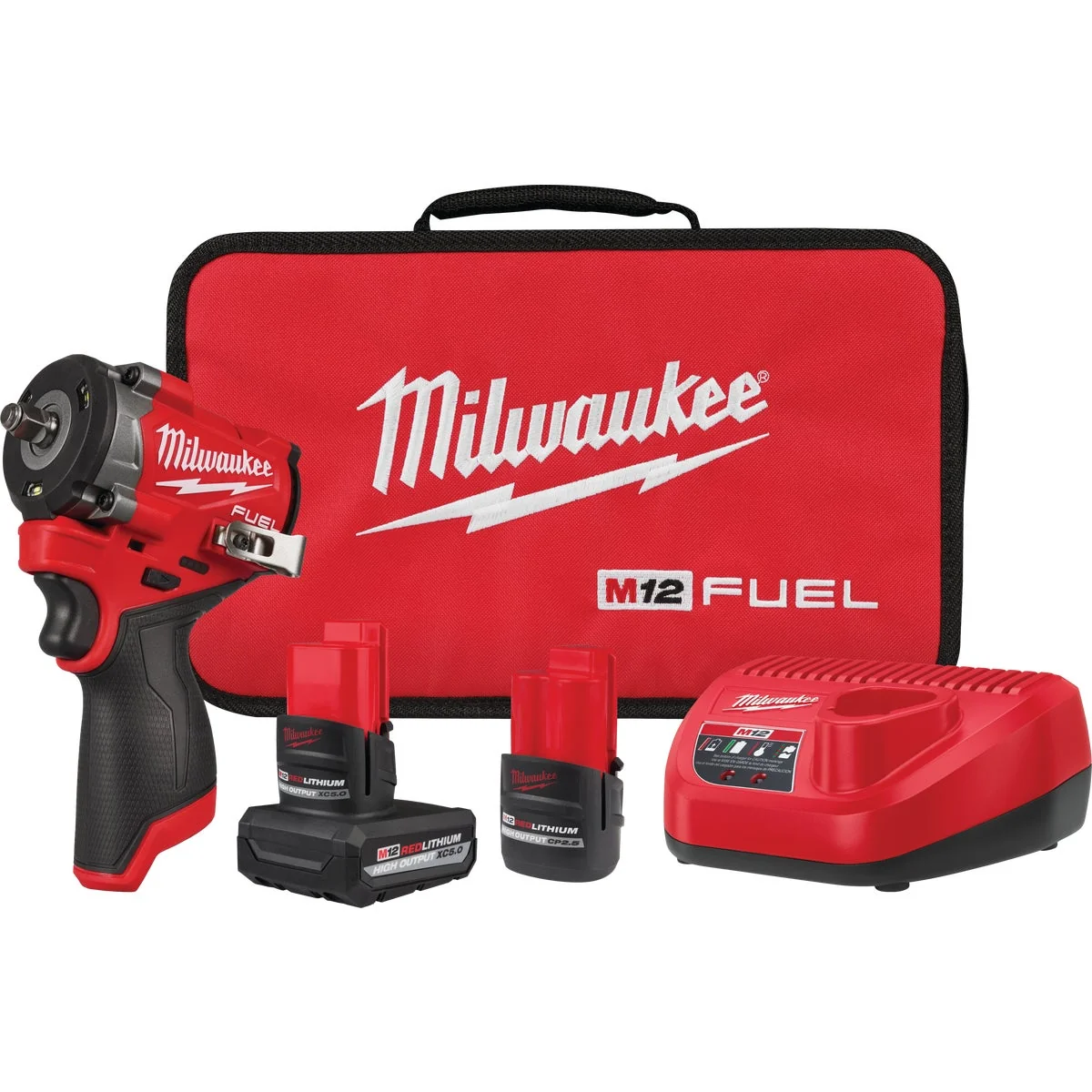 Original Milwaukee M12 FUEL Brushless 3 8 In. Stubby Cordless Impact Wrench Kit with 5.0 Ah 2.5 Ah Batteries Charger Lightweight