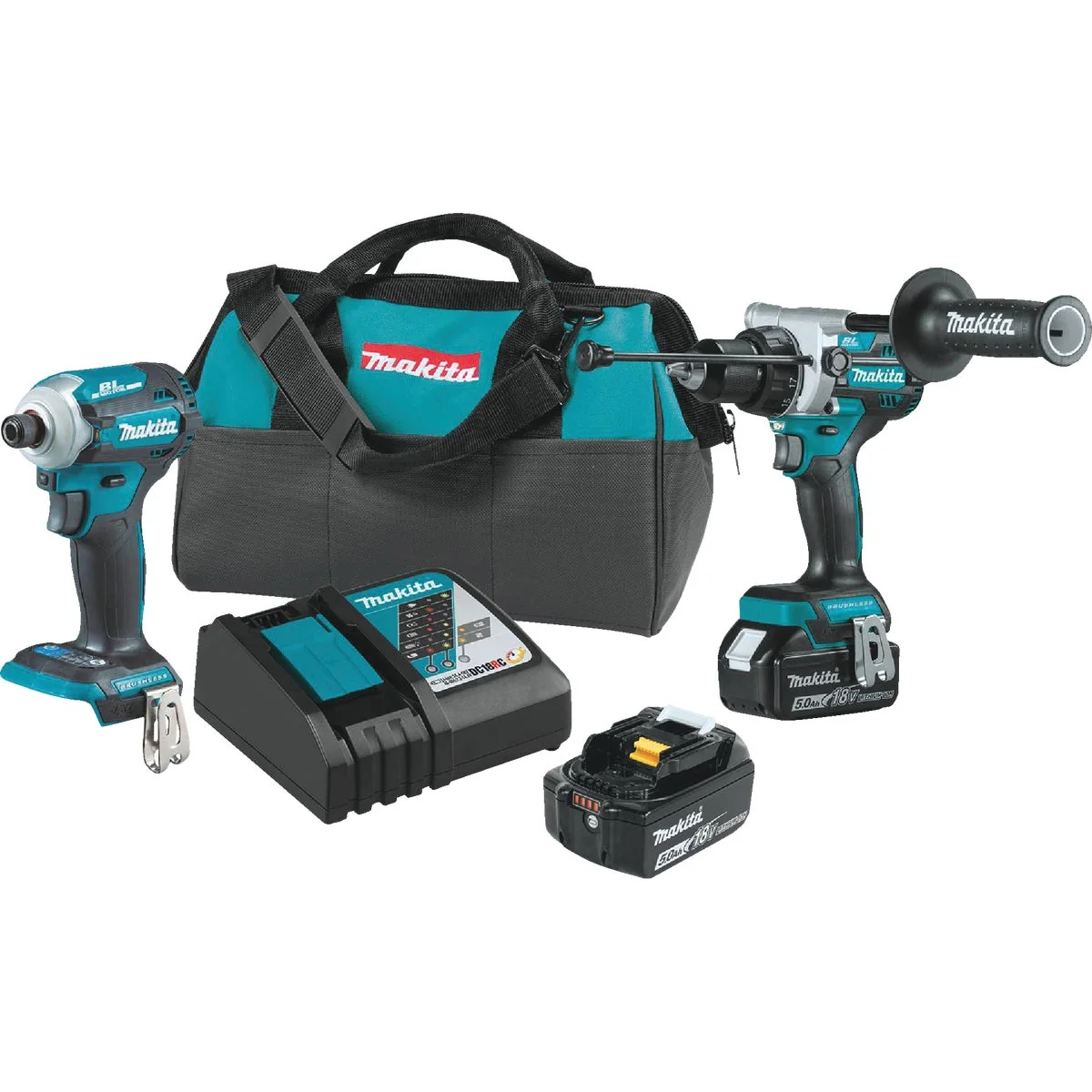 Secure Makita 2-Tool 18 Volt LXT Lithium-Ion Brushless Hammer Drill Driver 4-Speed Impact Driver Cordless Tool Combo Kit Modern