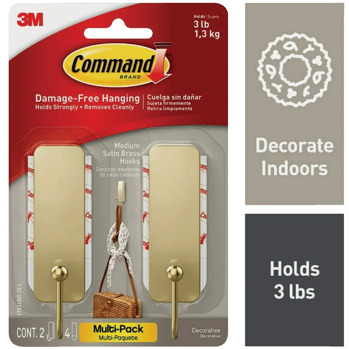 Crafted Command Medium Satin Brass Decorative Hook 2 Hooks 4 Strips Original