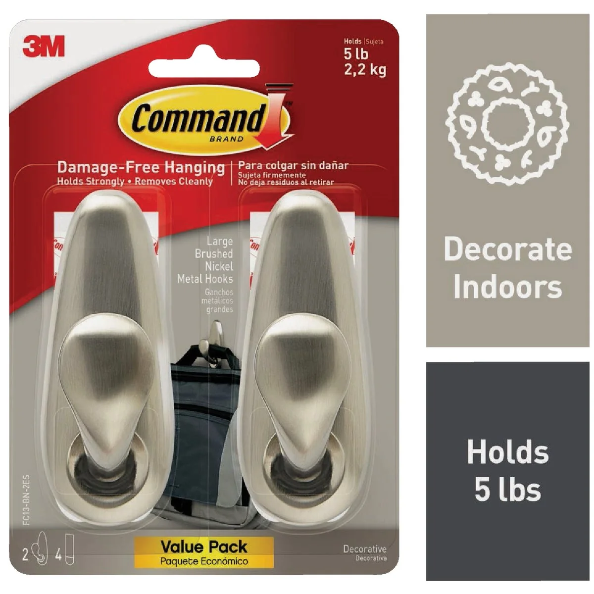 Expertly Made Command Large Classic Hook Brushed Nickel 2 Hooks 4 Strips Pack User-Friendly