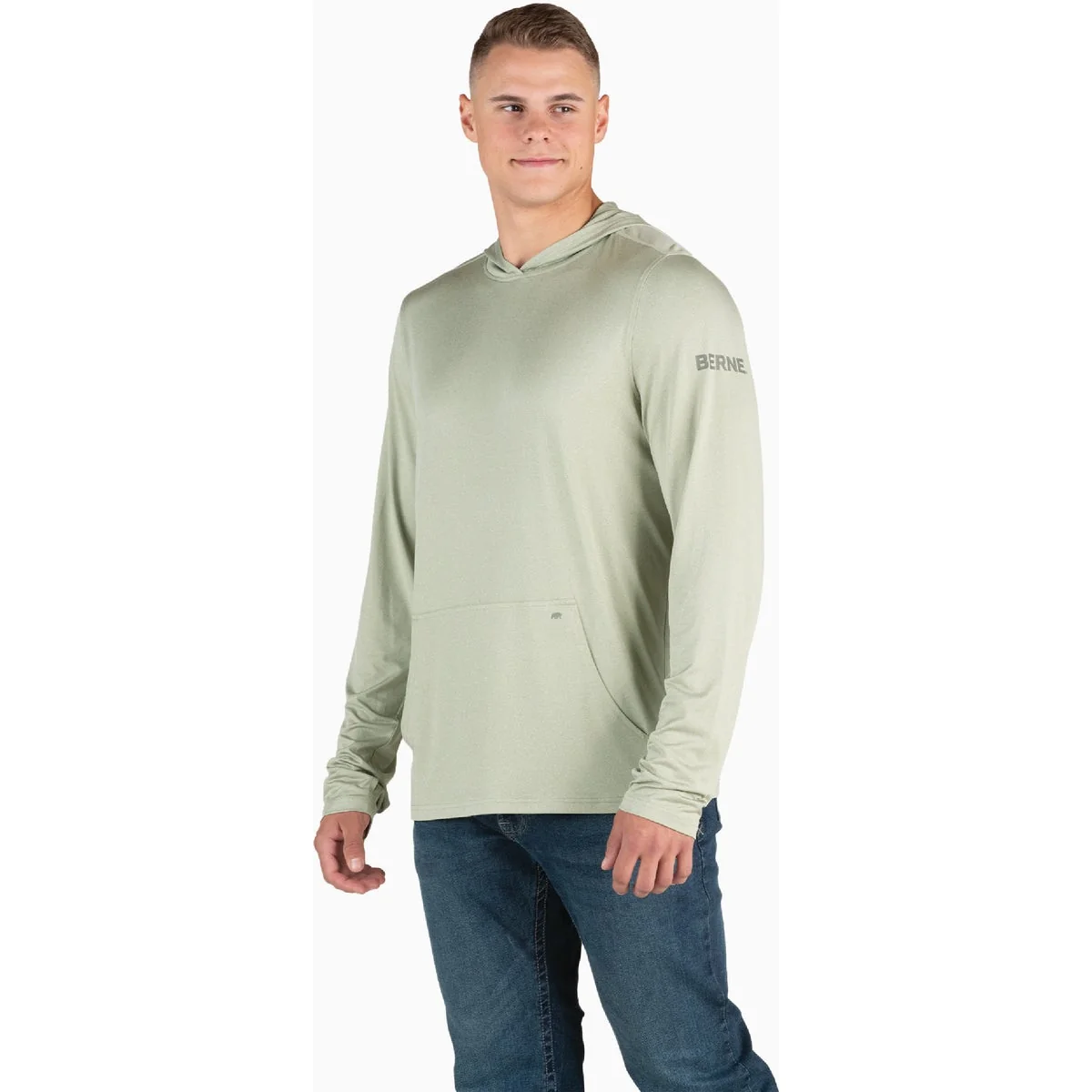 Sustainable Berne Men’s Large Heathered Seagrass Long Sleeve Hooded UPF Sun Shirt Original Design