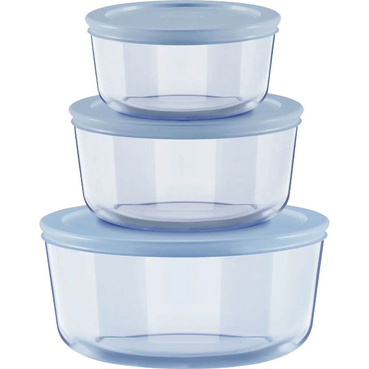 Convenient Pyrex Simply Store Tinted Round Storage Set with Blue Plastic Lids 6-Piece Next-Generation