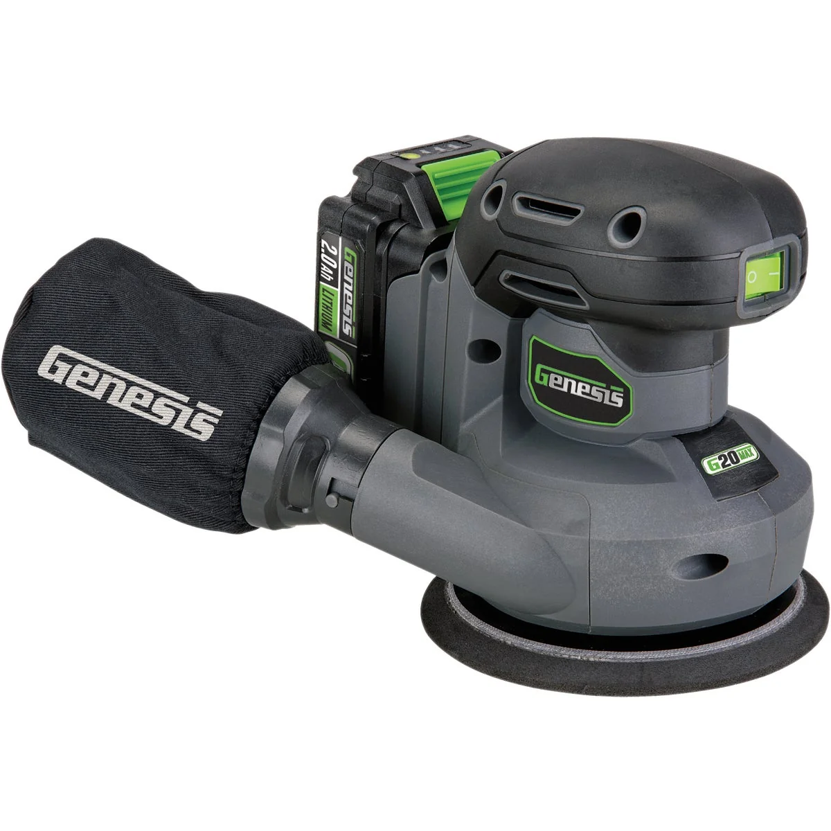 Premium Genesis 20 Volt 5 In. Cordless Random Orbit Sander Kit with 2.0 Ah Battery Charger Exclusive