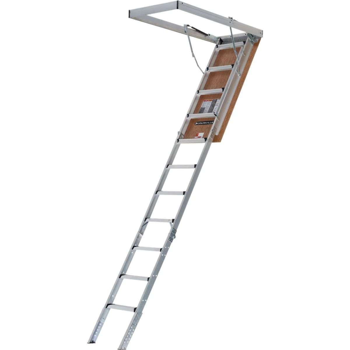 Reliable Louisville Ladder Elite 7 Ft. 8 In. to 10 Ft. 3 In. 25.5 In. x 54 In. Fire Treated Door Aluminum Attic Stairs 375 Lb. Load Easy-to-Use