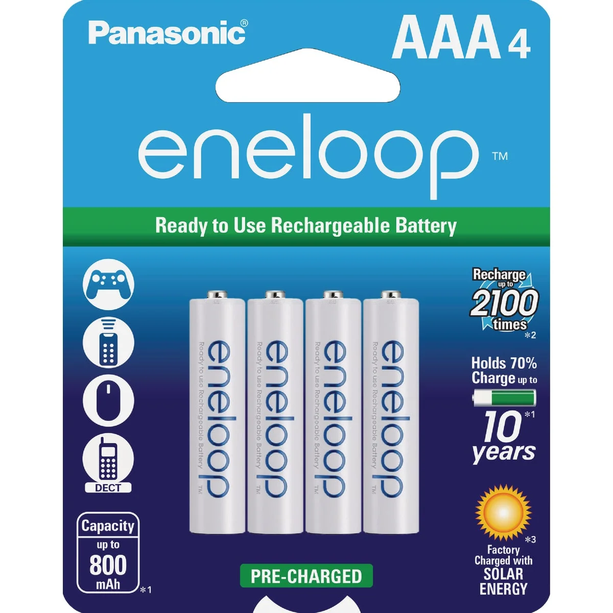 Original Panasonic Eneloop AAA Ni-MH Pre-Charged Rechargeable Solar Batteries 4-Pack Smooth