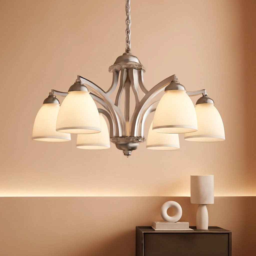 Environmentally Friendly Brushed Nickel 6Light Farmhouse Chandelier Milk Glass High-End