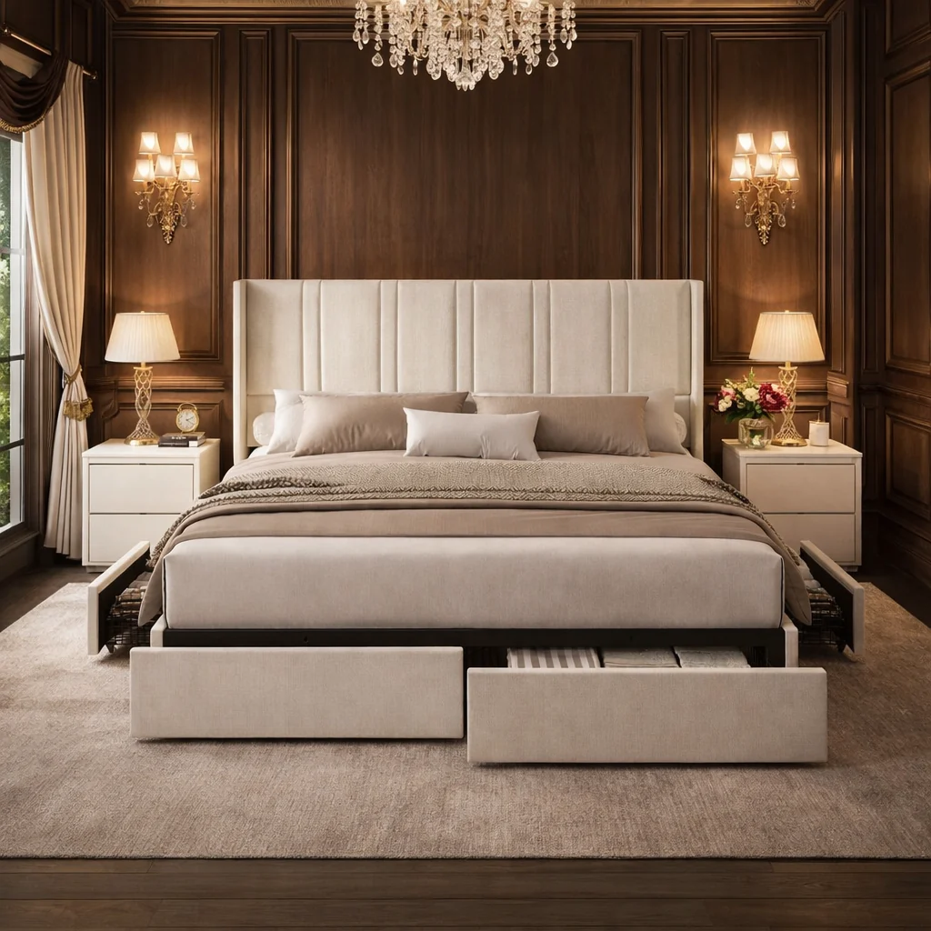 Eco-Friendly Queen White Wingback Storage Bed with 2 Nightstands Set with Drawers a Convenient