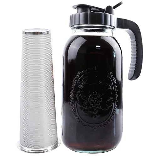 Convenient Cold Brew Coffee Maker Pitcher 2 Quart Glass Mason Jar With Spout Lid Filter Half Gallon Wide Mouth Iced Tea Brewing Jug Heavy Duty Handle Airtight Leak Solid
