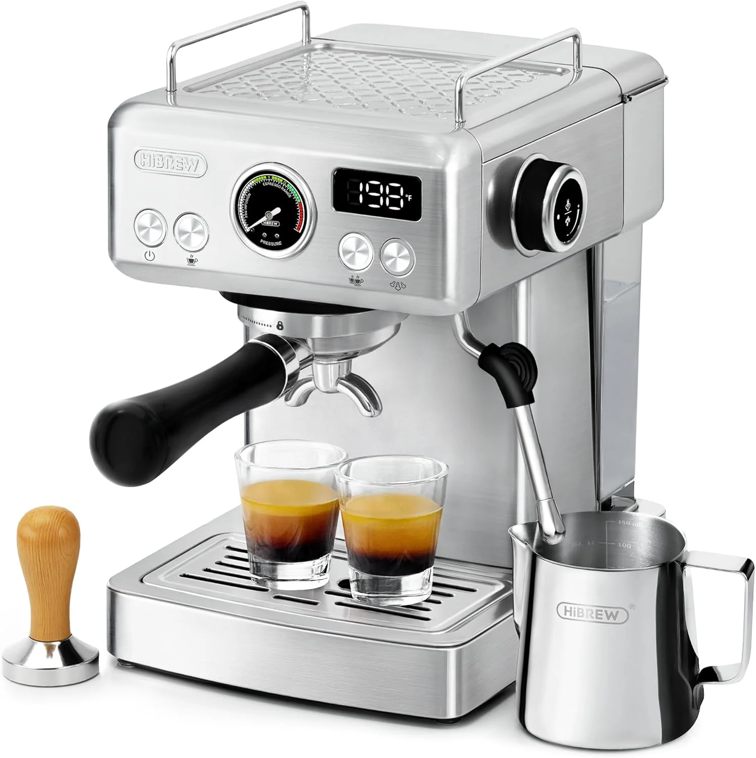 Next-Generation Hibrew H10A – 58mm Espresso Machine Stainless Steel Body with Milk Frother Customizable Settings Smart Display 20 Bar Pressure Gauge. Smooth