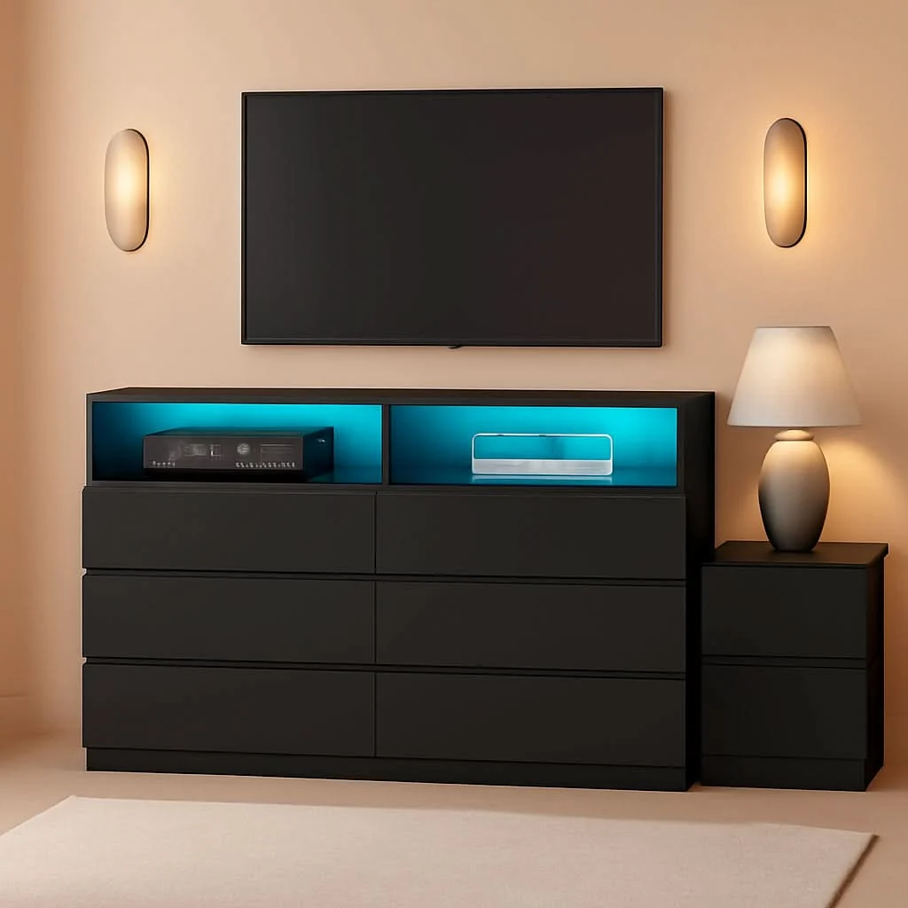 Original Design White 6 Drawer Dresser With LED Lighting And Charging Station Powerful