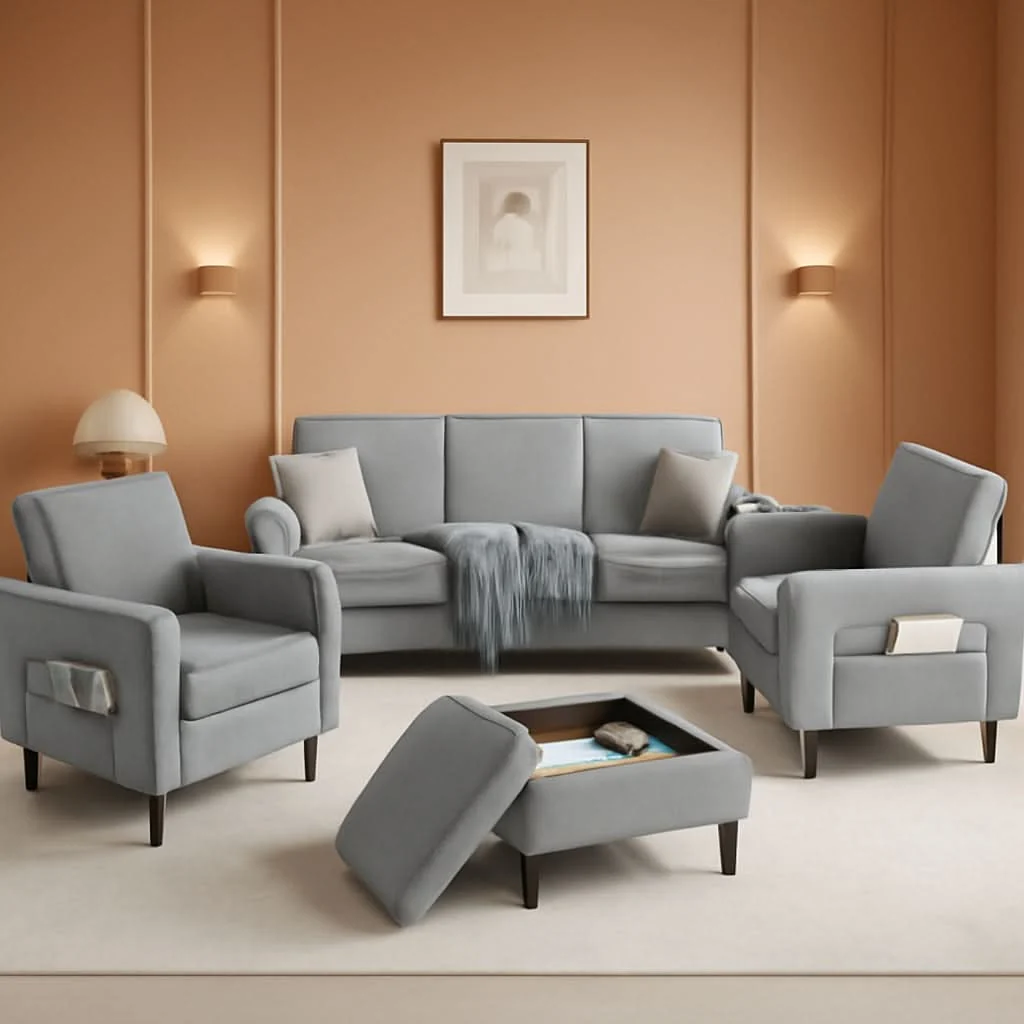Fine Crafted Light Grey Living Room Sofa Set With Movable Ottoman Excellent