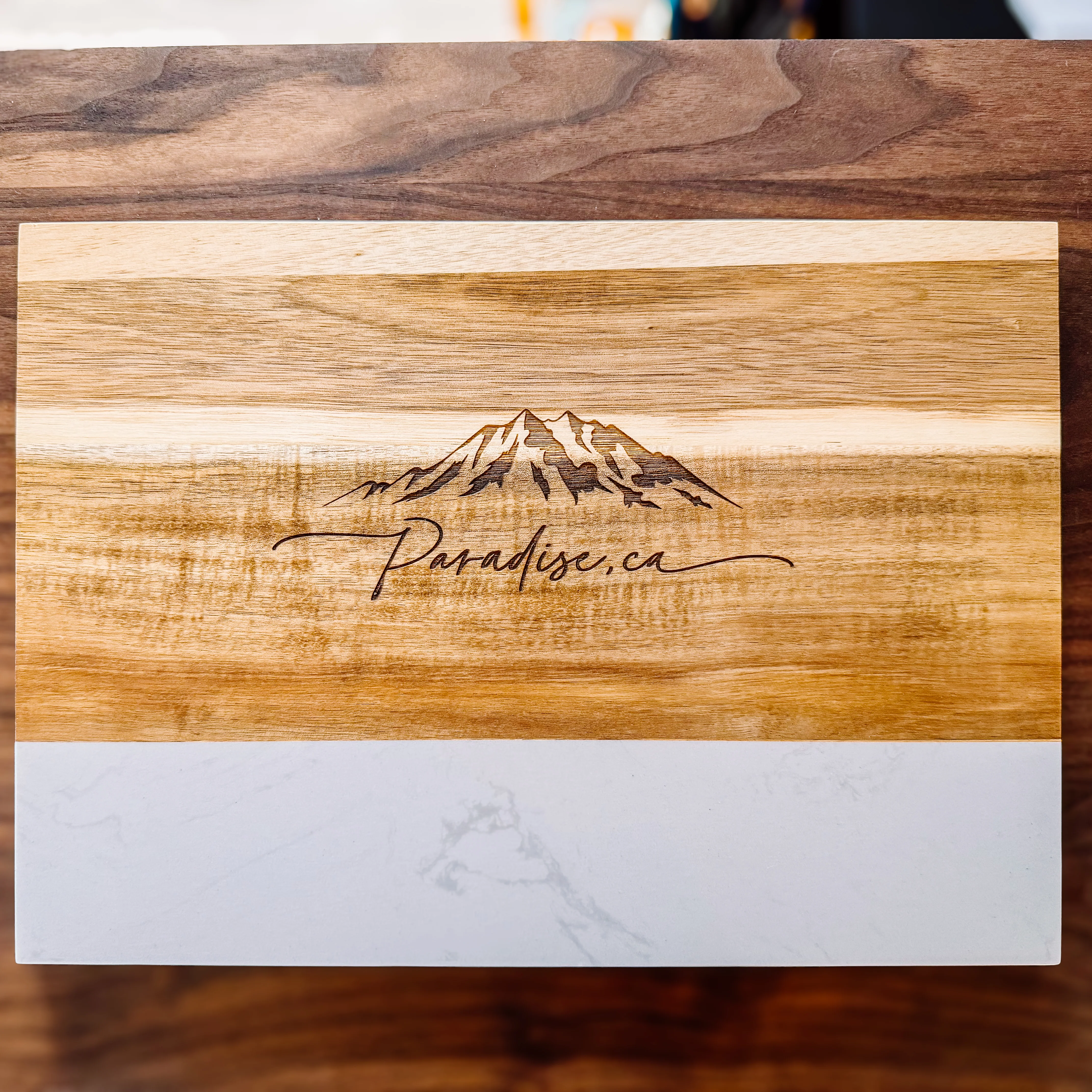 Unique Paradise Mountain Marble Acacia Charcuterie Board Detailed