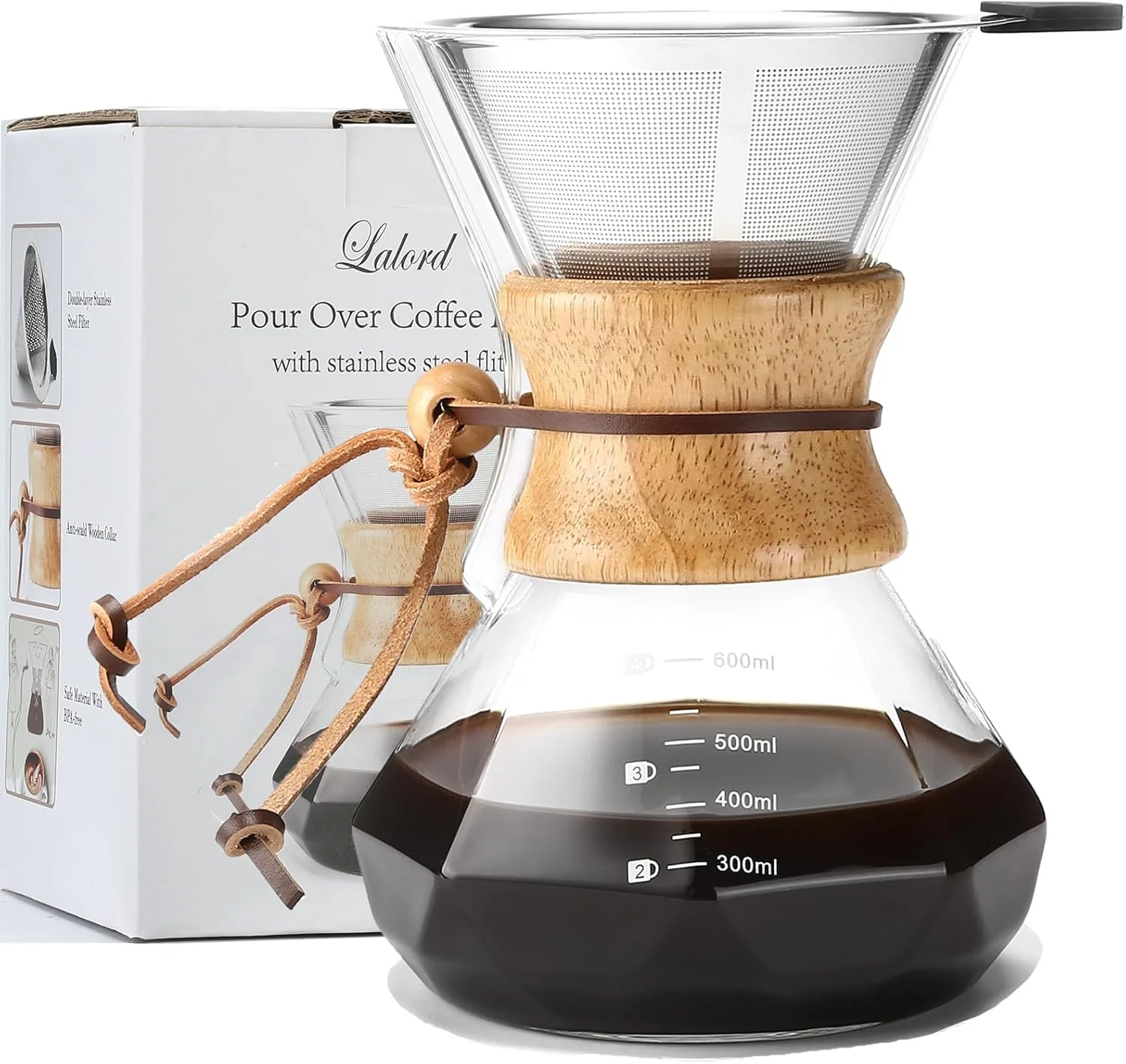 User-Friendly Pour Over Coffee Maker with Stainless Steel Filter 20 oz Borosilicate Glass Coffee Carafe Wooden Collar Coffee Maker Carafe Hold 3-4 Cups 600 ml Natural