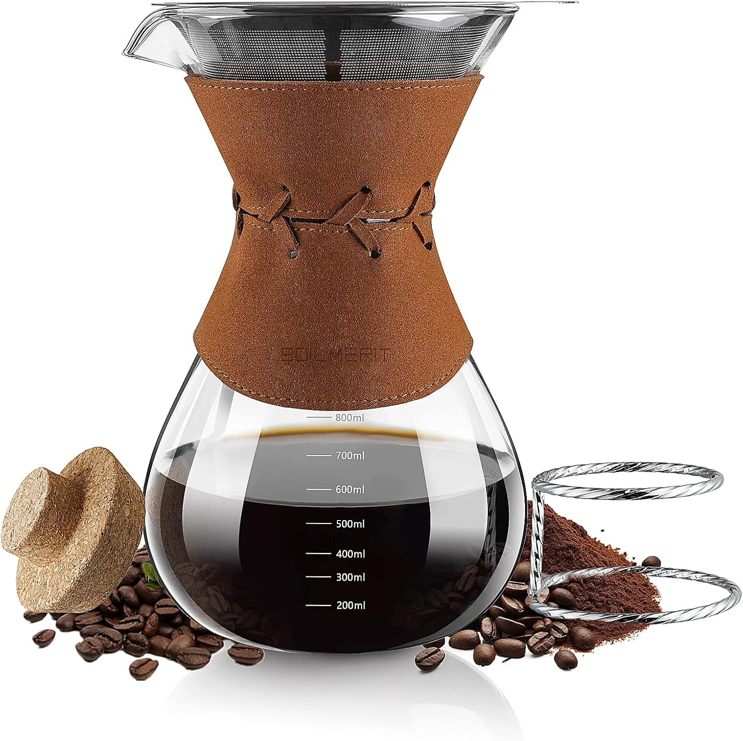 Prestigious Pour Over Coffee Maker with Double-Layer Stainless Steel Filter – 27 oz Pour Over Coffee Dripper with Leather Collar Carefully Designed