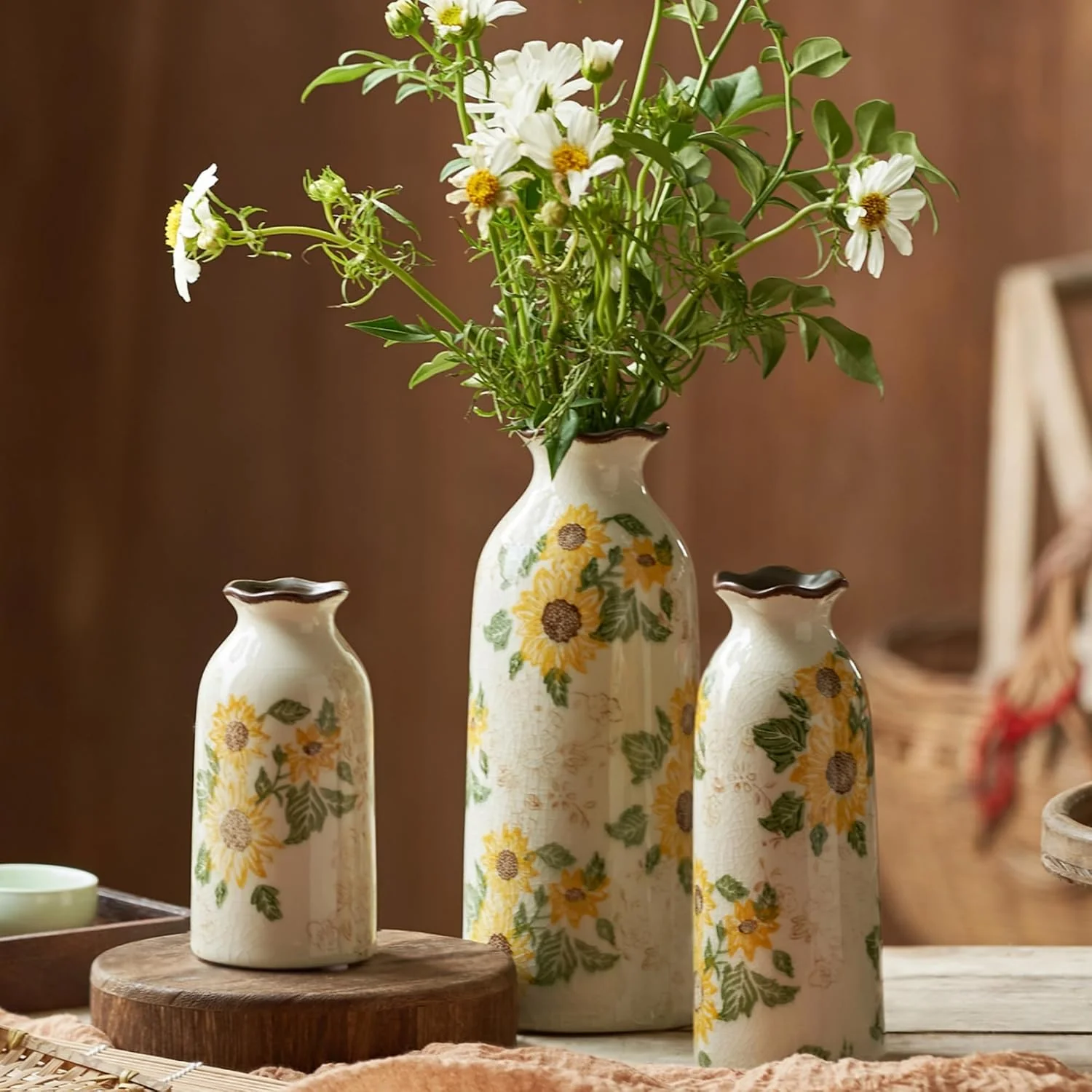Top-Quality Levvohd Autumn Vintage Ceramic Vase Set of 3 for Decor Home Rustic Farmhouse Vase Your Kitchen Bedroom Living Room Bathroom Shelf Centerpiece Table Decorations H 9.5 H7.7 H5.9 Specialty