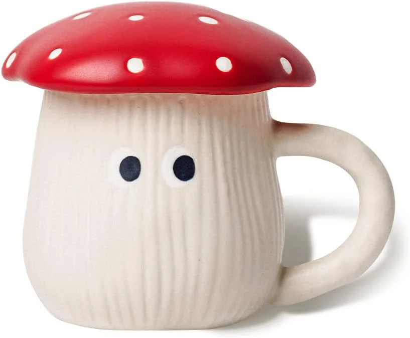 Efficient Cute Mushroom Mug with Lid Handmade Glaze Cover Eyes Safety Matt Ceramic Milk Mugs 12 oz Cartoon Tea Cup. Gifts for Women Girls. Eco-Friendly