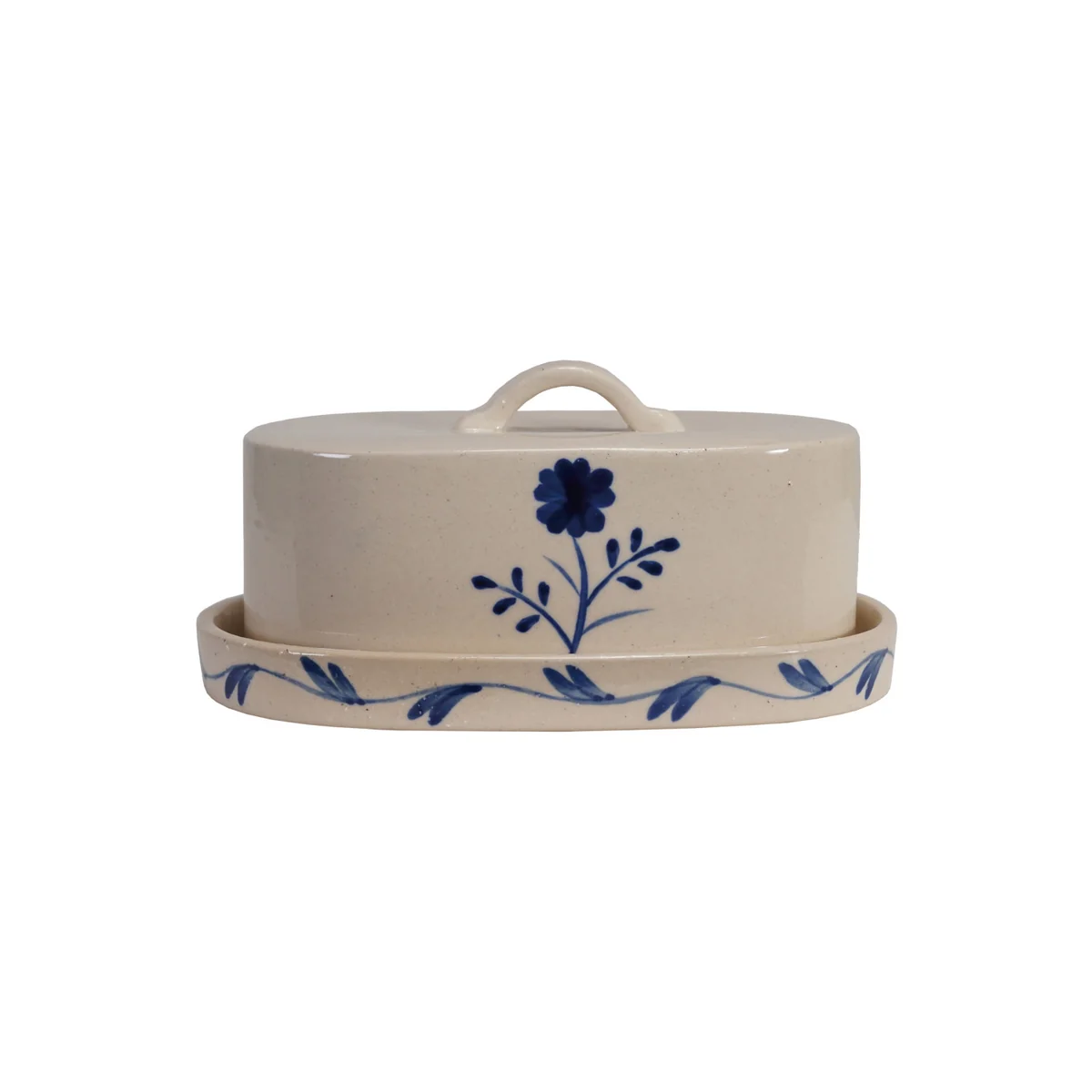 Effective Hand-Painted Stoneware Butter Dish with Flower Blue White Minimalist