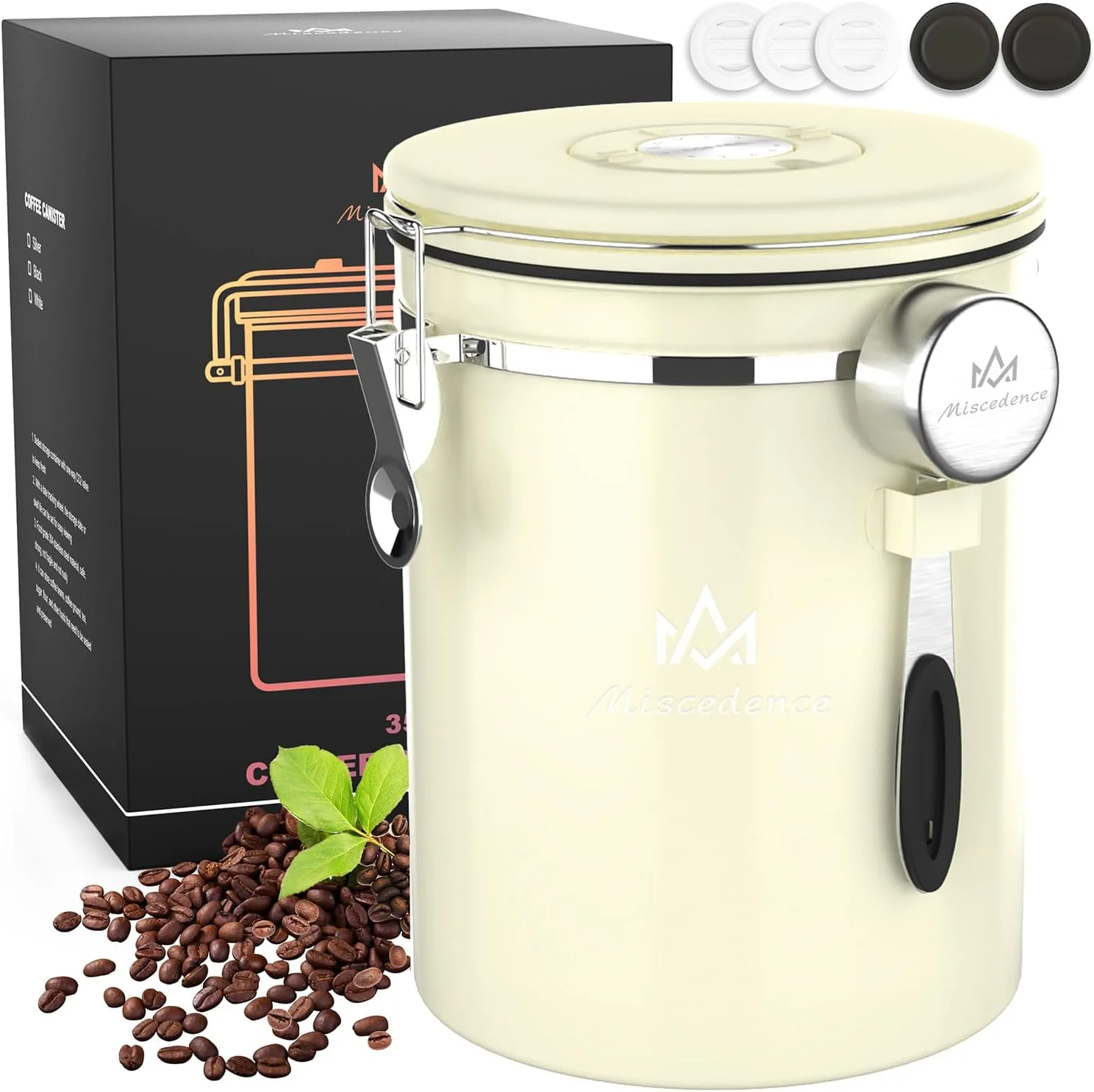 Official 38OZ Coffee Canister for ground coffee with Date Tracker beige 304 Stainless Steel Kitchen Food Airtight storage container for Coffee Beans or Grounds Tea Sugar Convenient