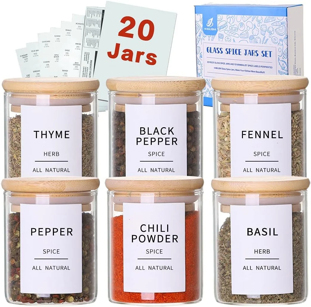 Trendy Glass Spice Jars with Bamboo Lids – 20 Pcs Thicken 2.4mm 4oz Airtight Seasoning Containers with 131 Waterproof Minimalist Spice labels Preprinted Casual