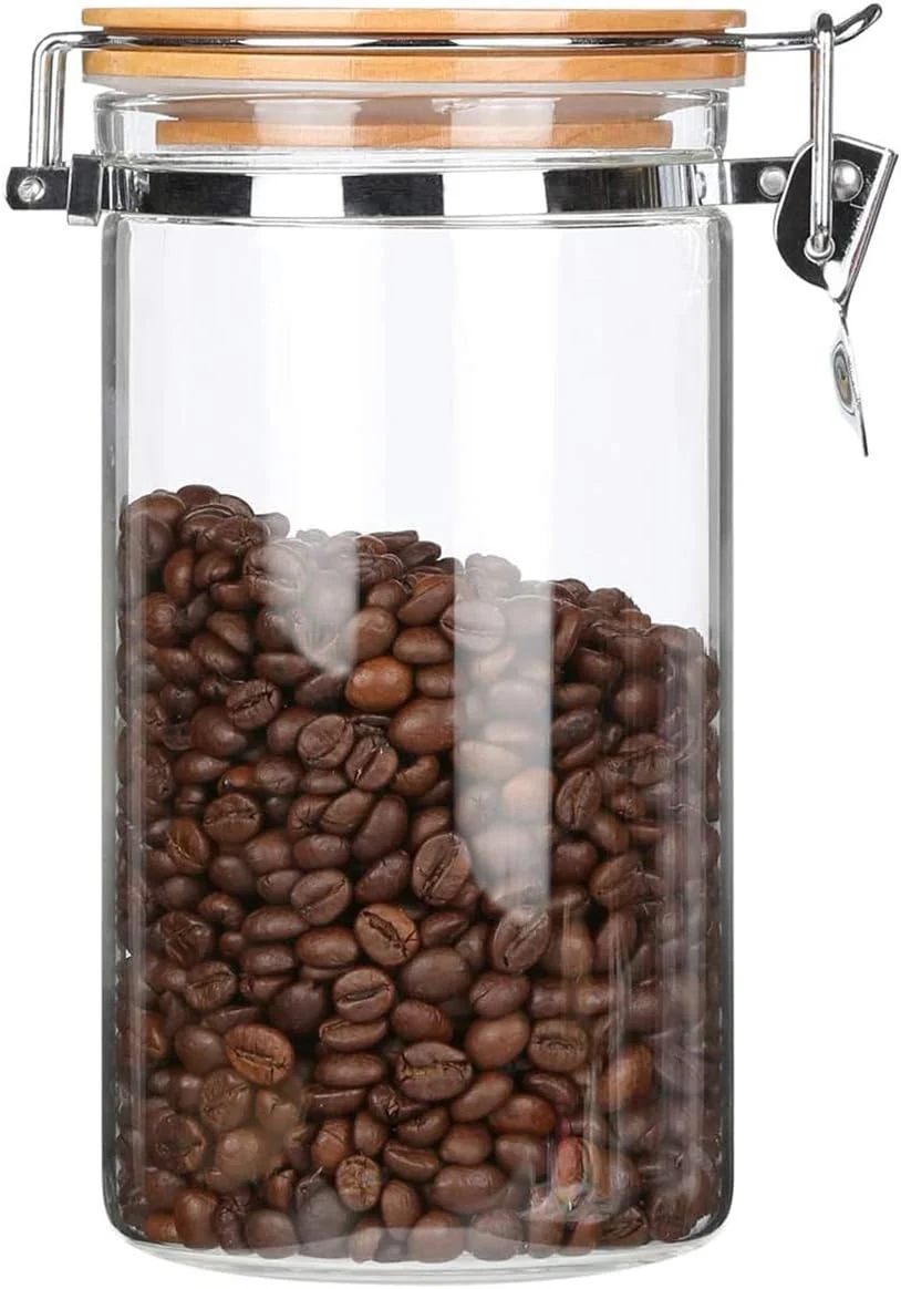 Functional KKC HOME ACCENTS 40 oz Glass Coffee Container Holds 1 lb Coffee Beans with Airtight Bamboo Lid – Clear Coffee Jar Canister for Grounds Storage Aesthetic Kitchen Counter Decor Powerful