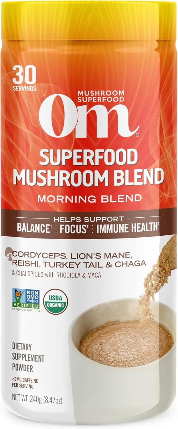 Relaxed OM Mushroom Superfood Morning Energy Blend Mushroom Powder Drink 8.47 Ounce Canister Coffee Energy Drink with Cordyceps Vitamin D2 Pure