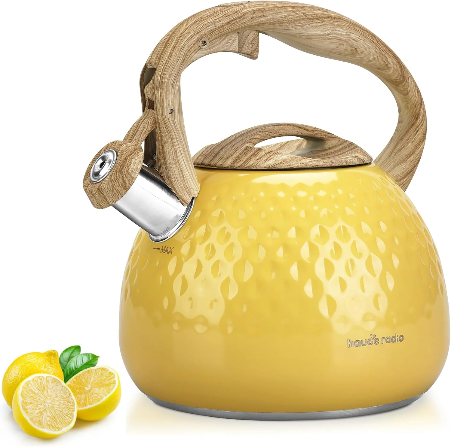 Stylish Tea Kettle Stovetop Teapot 2.5 Quart Loud Whistle Food Grade Stainless Steel and Smooth Wood Pattern Handle Sophisticated Look for Hiking Picnic for Tea Coffee Yellow Selected