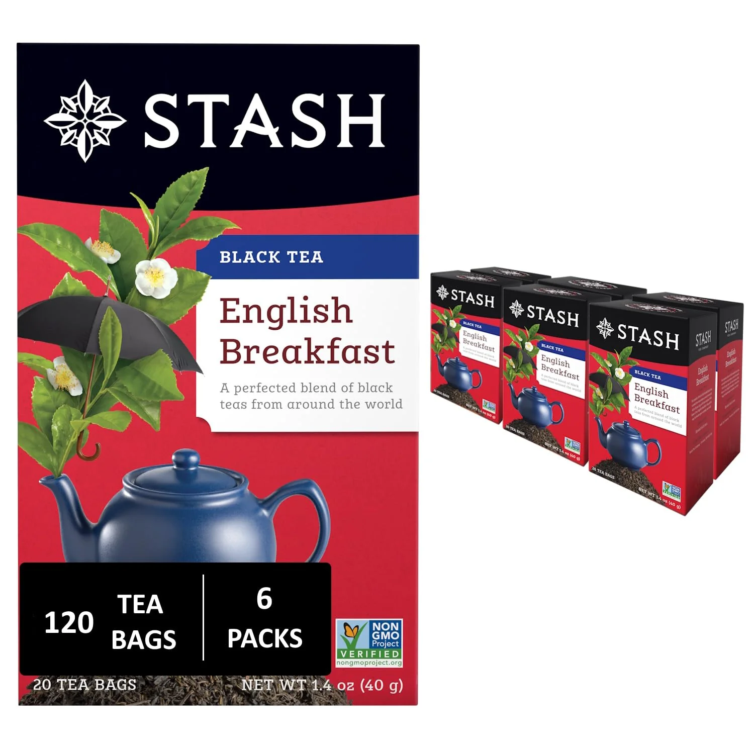 Professional Stash Tea English Breakfast Black Tea – Caffeinated Non-GMO Project Premium Tea with No Artificial Ingredients 20 Count Pack of 6 Premium Material