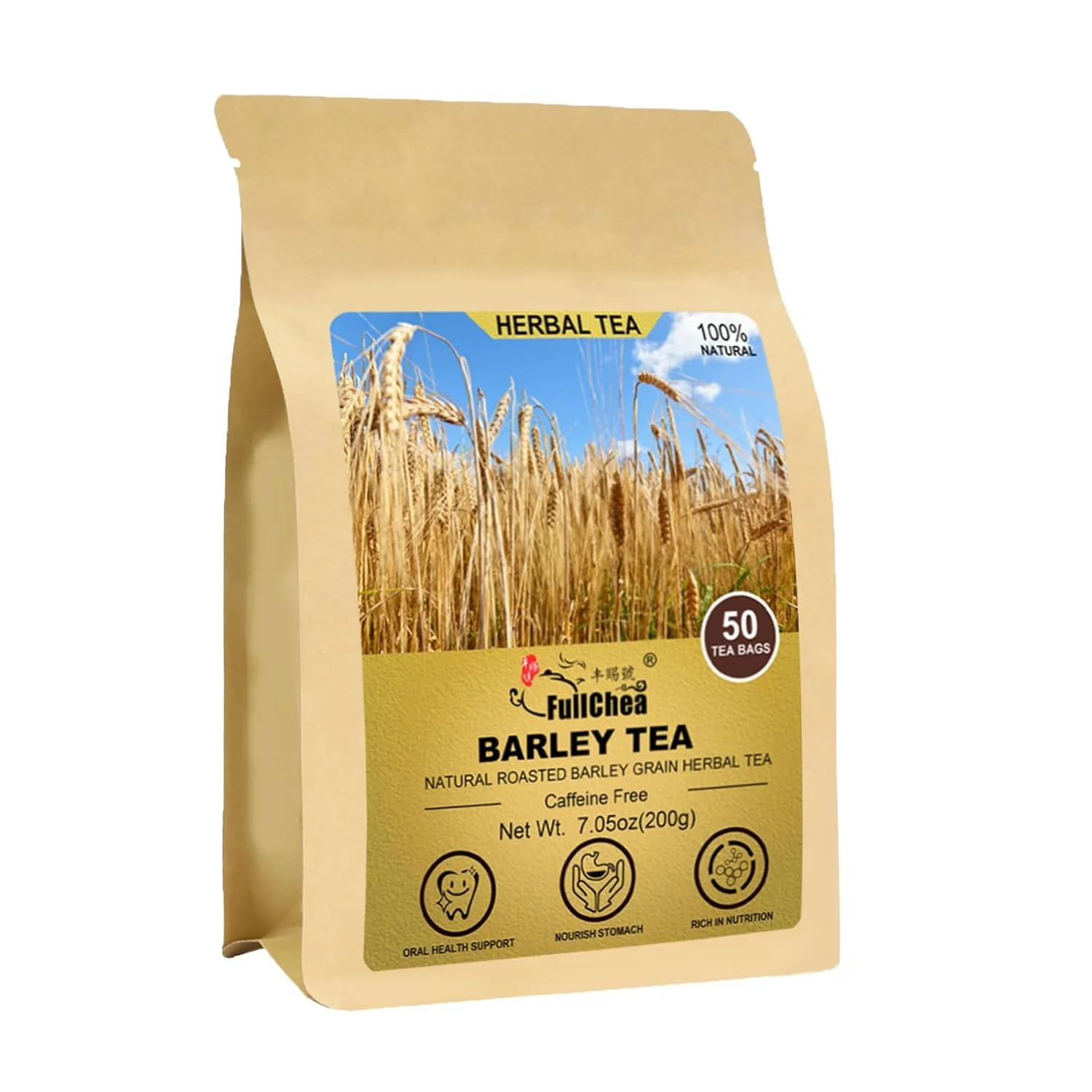 Effective FullChea – Barley Tea 4g X 50 Count – Premium Natural Roasted Barley Grain – Mild Baking Type – Non-GMO – Caffeine- – Damai Cha Pure