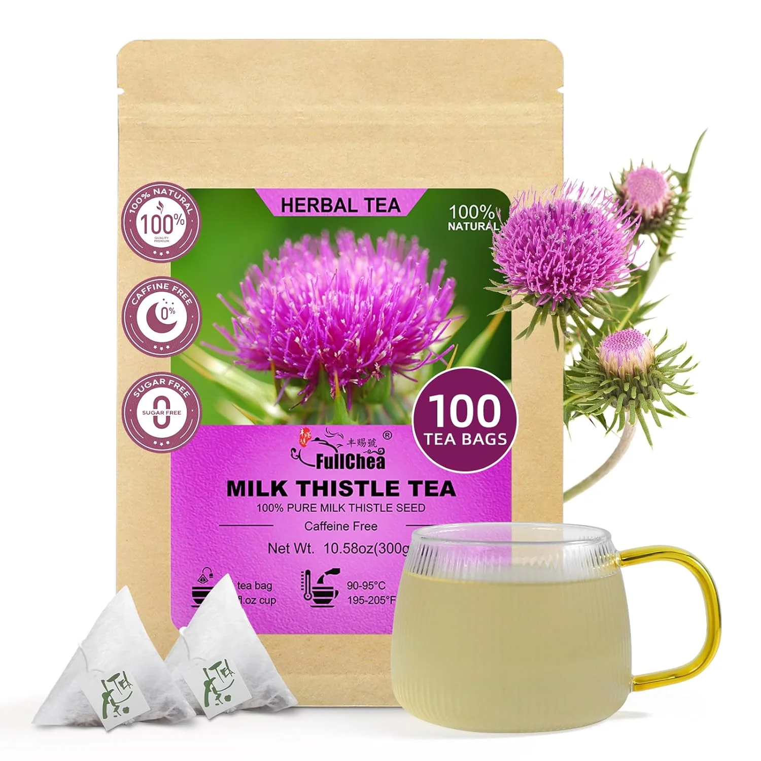 Green FullChea – Milk Thistle Tea Bags 100 Count – Natural Liver Support Detox – Premium Milk Thistle Seed – Caffeine- Herbal Tea Classic