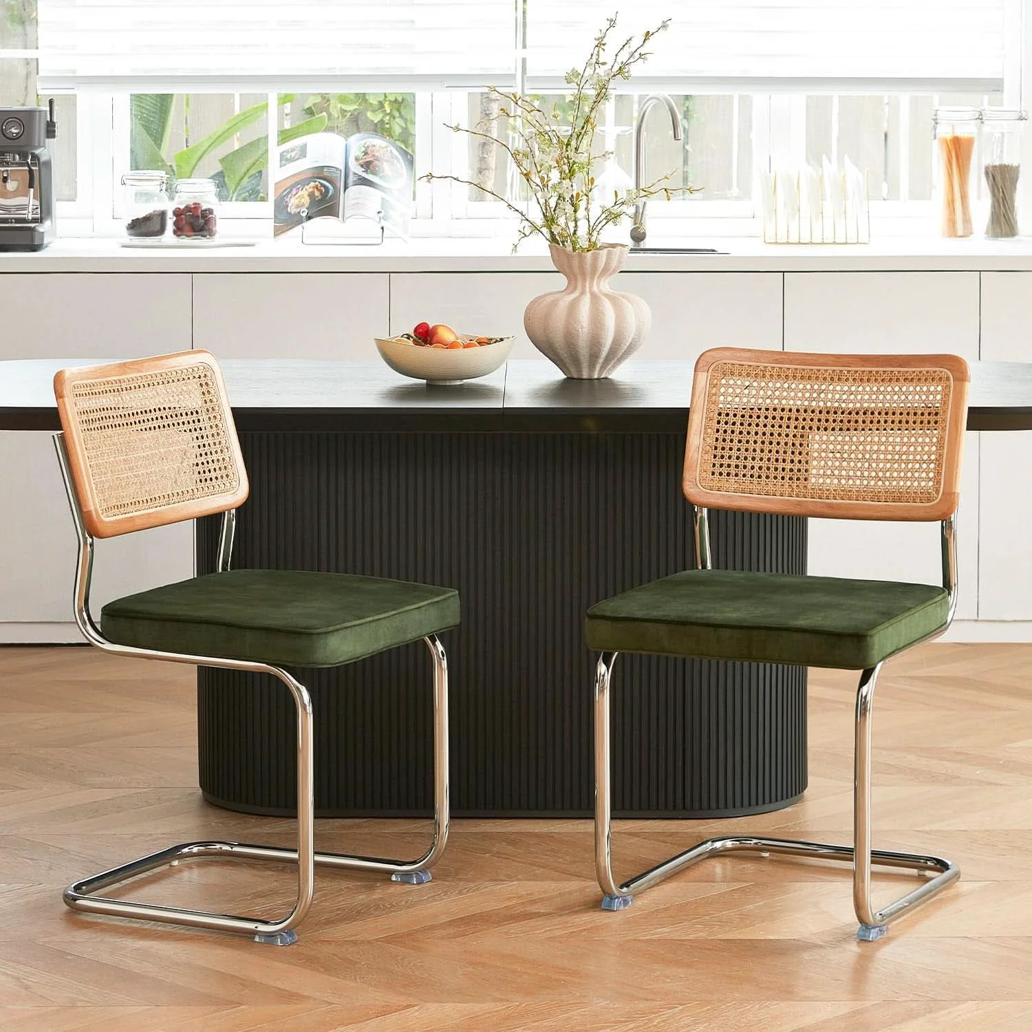 Sophisticated Green Rattan Dining Chairs FourPiece ChromeFinish Set Detailed