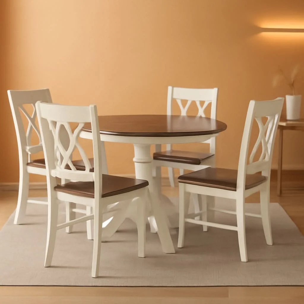 Natural Round Dining Table Set Distressed White Five Piece Set Advanced