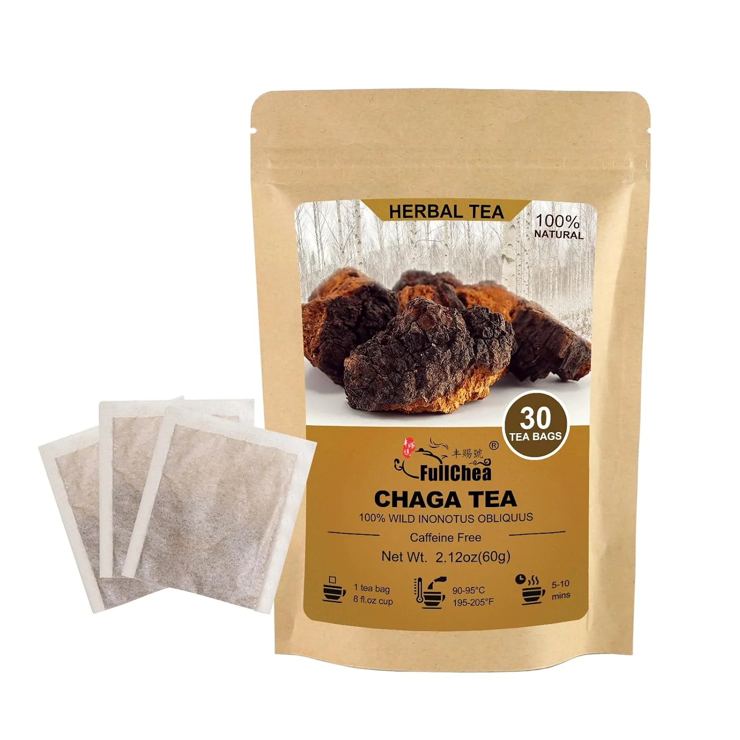 FullChea – Chaga Tea Bags 30 Count Chaga Mushroom Tea Naturally earthy mushroom infusion caffeine- rich in antioxidants and supports digestive comfort Flexible