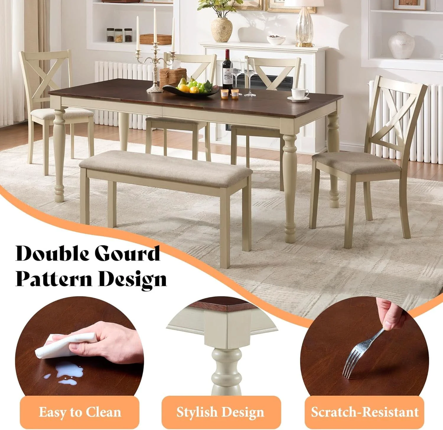 Eco-Friendly 71 Inch Premium Solid Wood Dining Table Walnut Finish Crafted