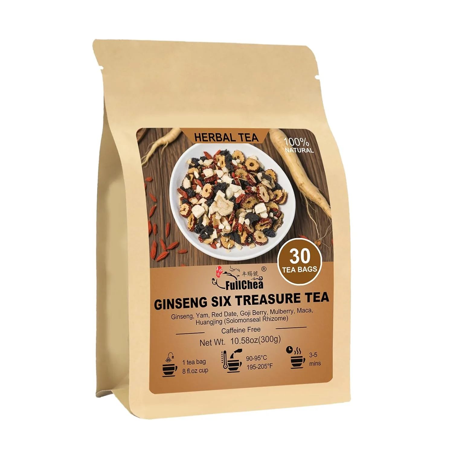 Genuine FullChea – Ginseng Six Treasure Tea Bags 30 Ct Traditional Herbal Blend Traditional herbal blend with ginseng goji berry. Supports daily wellness and gentle digestion. Caffeine- Non-GMO ﻿ Convenient