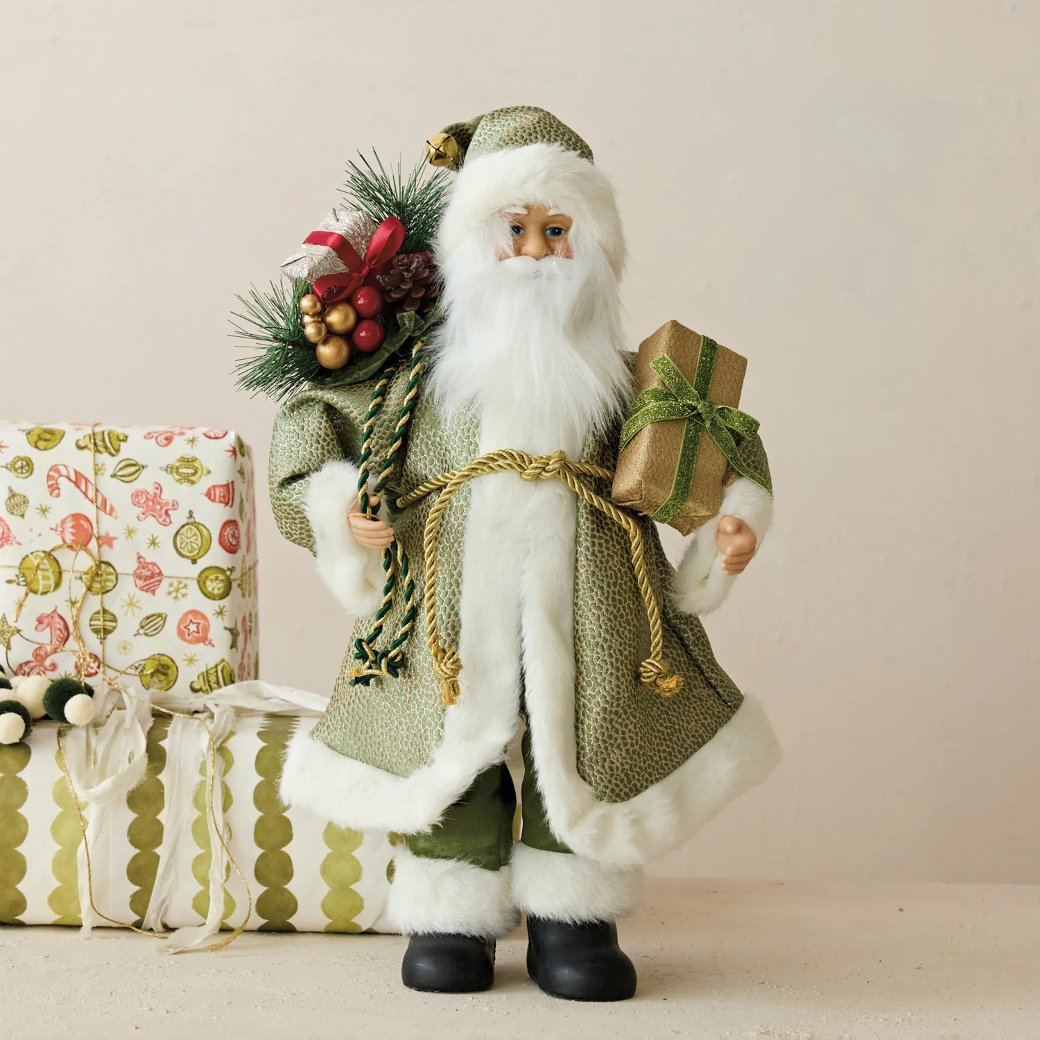 Comfortable Sage Green Santa with Bouquet Gift Pure