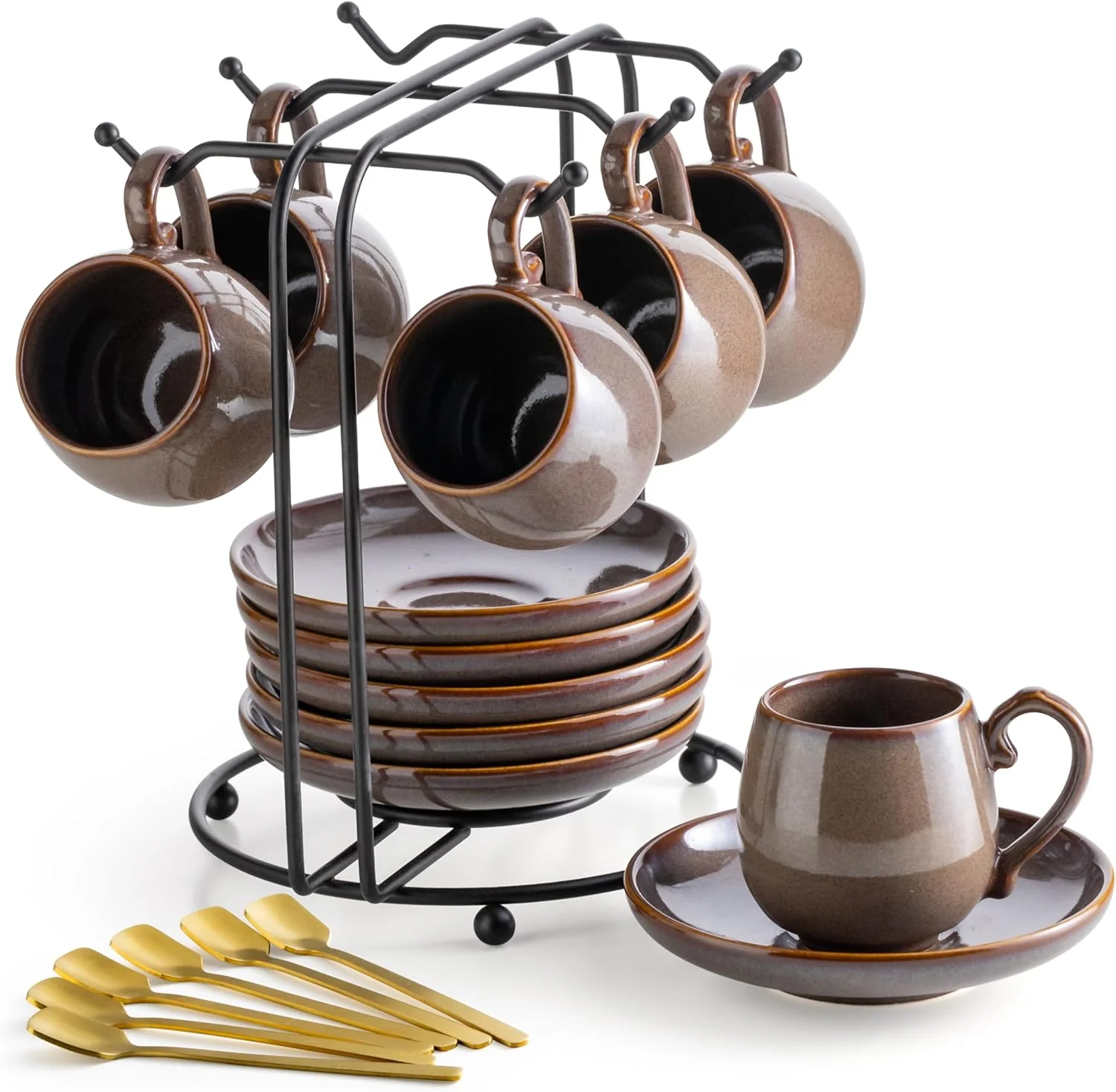 Modern Lyeoboh 3 Ounce Espresso Cups and Saucers Set of 6 Ceramic Small Coffee Cups with Metal Holder and Spoons Cute Demitasse Cups for Tea Espresso World-Class