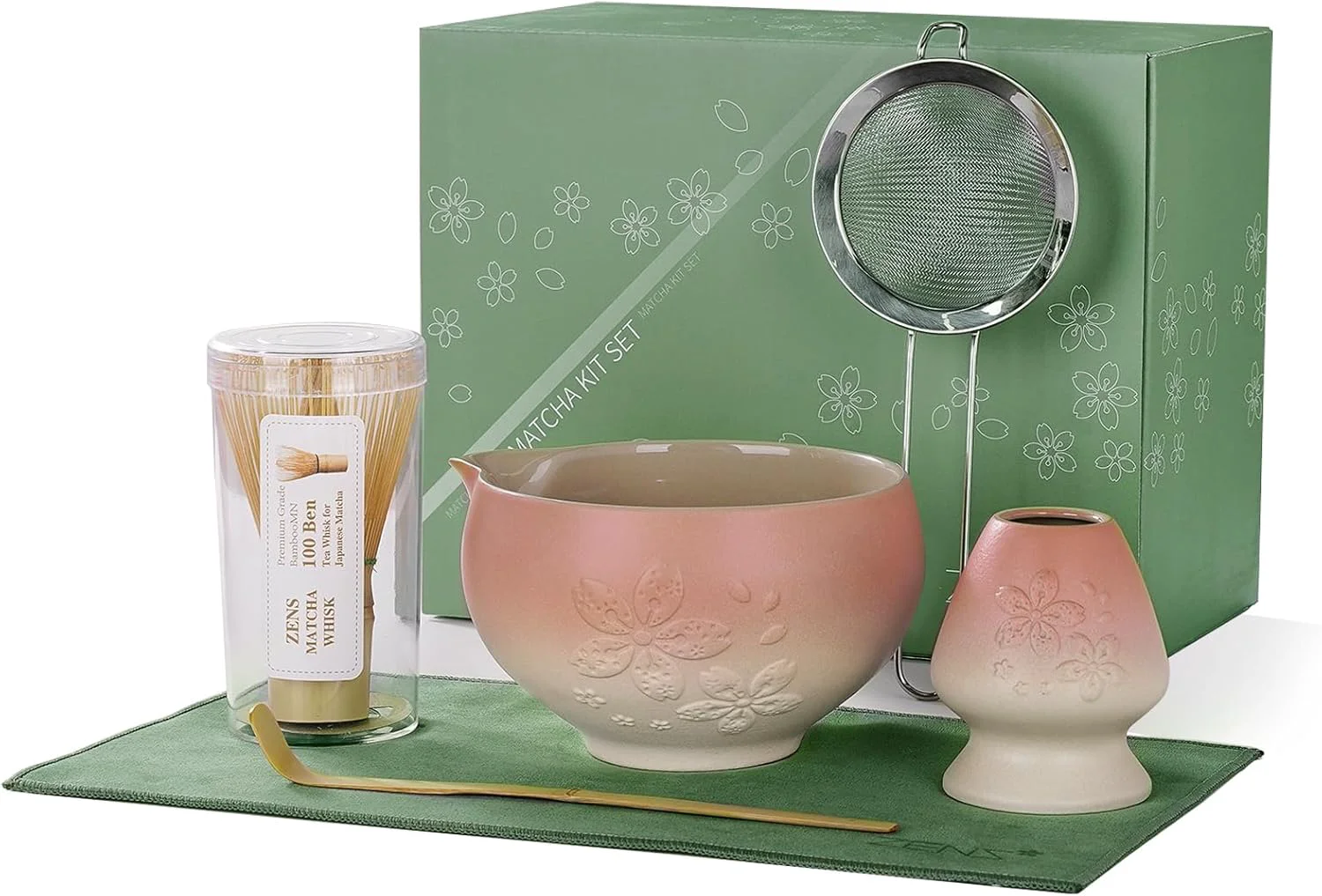 Recyclable Zens Matcha Whisk Set Pink Ceramic Matcha Bowl with Embossed Sakura 6pcs Matcha Tea Kit Includes Bamboo Whisk Chasen Holder Scoop Sifter Fine Crafted