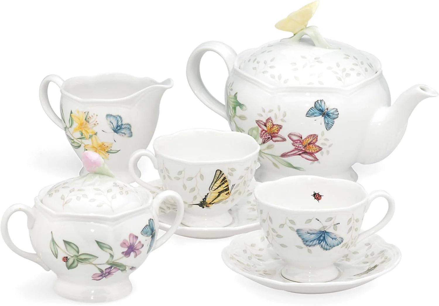 Smooth Lenox Butterfly Meadow Porcelain Teapot and Tea Cup Set 9-Piece 48oz dishwasher safe includes creamer sugar bowl 2 teacups 2 saucers floral tea party gift 48oz gift for women Flexible