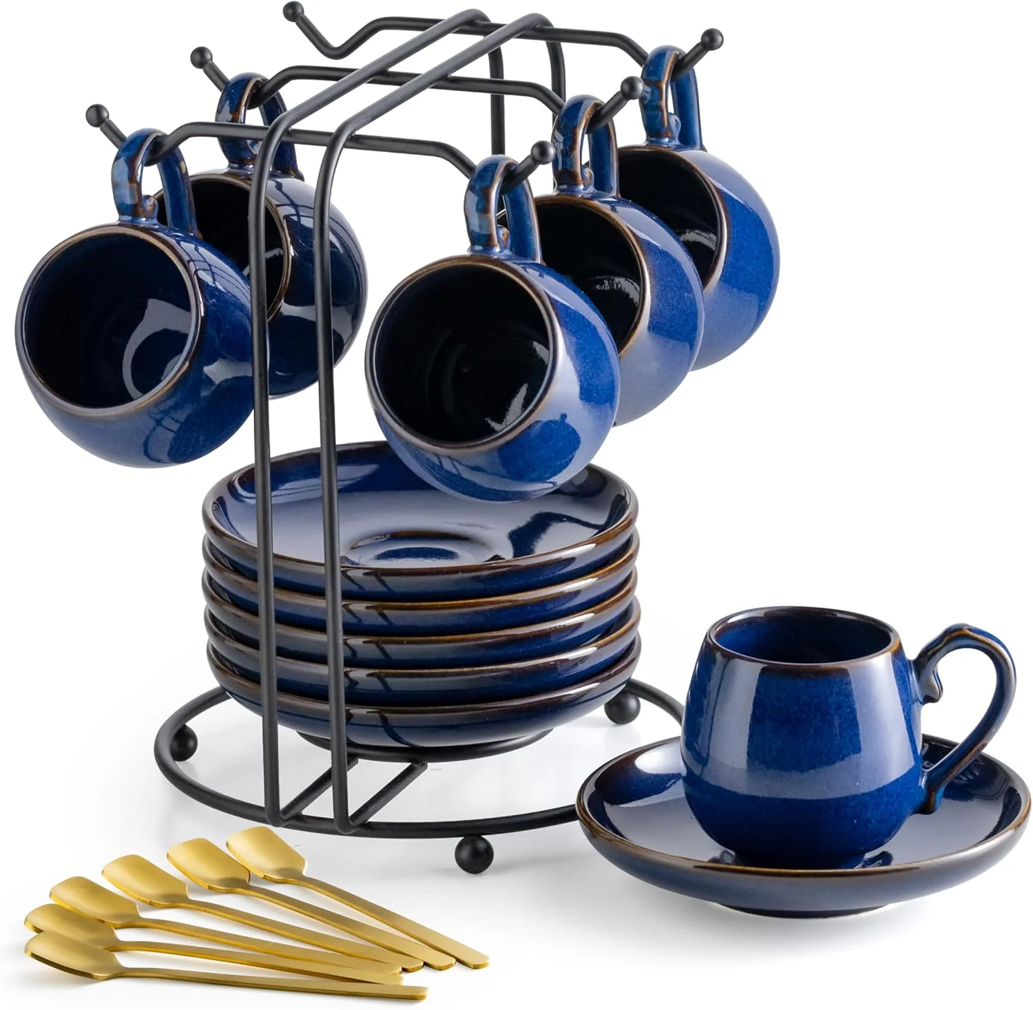 Optimized Lyeoboh 3 Ounce Espresso Cups Set of 6 Ceramic Small Coffee Cups with Saucers Cute Demitasse Cups and Metal Stand with Spoons for Great Gift Trusted