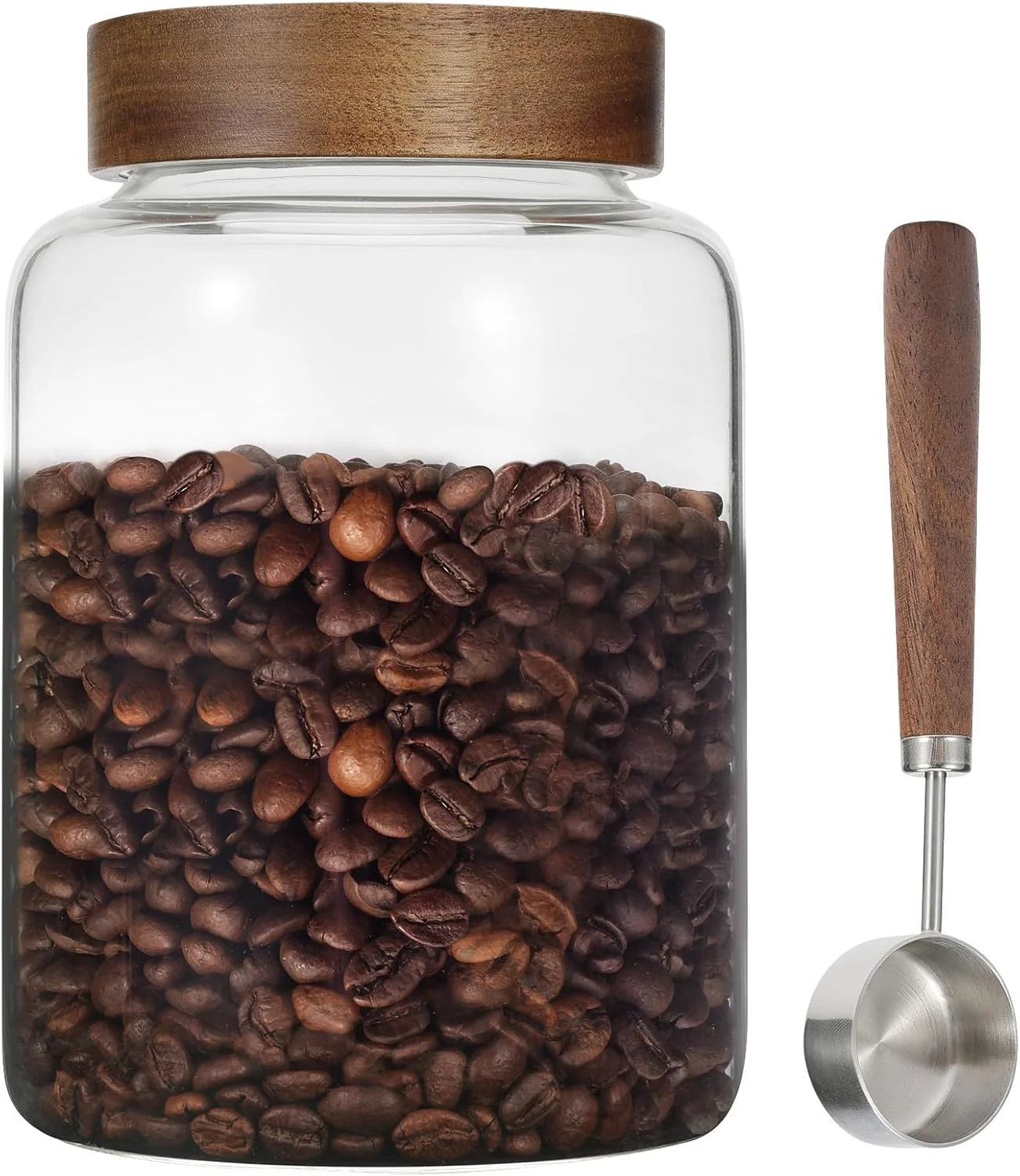 Elegant Large Glass Coffee Jars with Spoons 60 oz 1800ml Round Storage Canister with Wooden Lid Clear Glass Food Jar for Pantry Sugar Tea Coffee Bean Spice Advanced