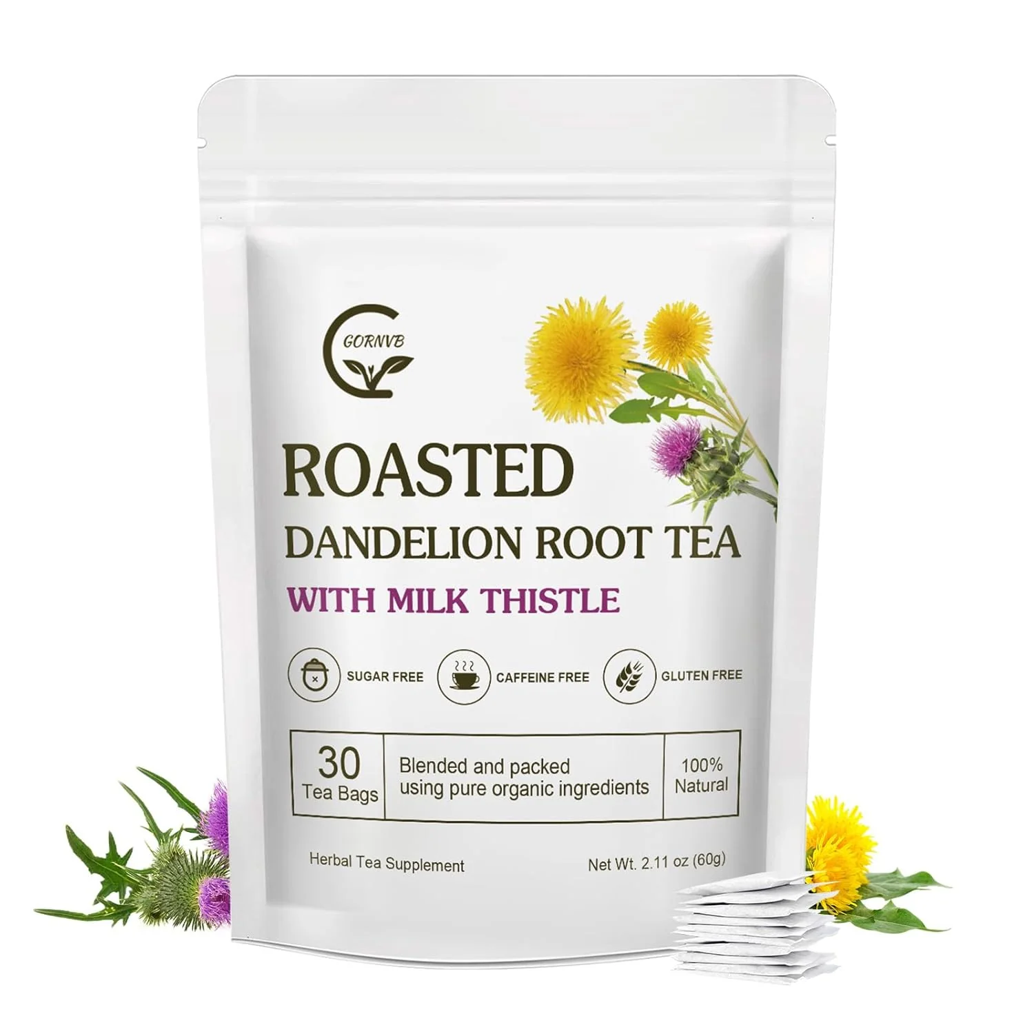 Luxury Organic Roasted Dandelion Root Tea with Milk Thistle Tea – Supports Kidney Function and Liver Function 30 Tea Bags Practical