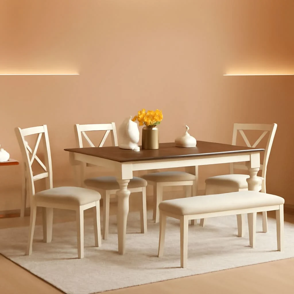 Sustainable Sixty Inch Solid Wood Walnut Finish Dining Table Set Upholstered Chair Smart